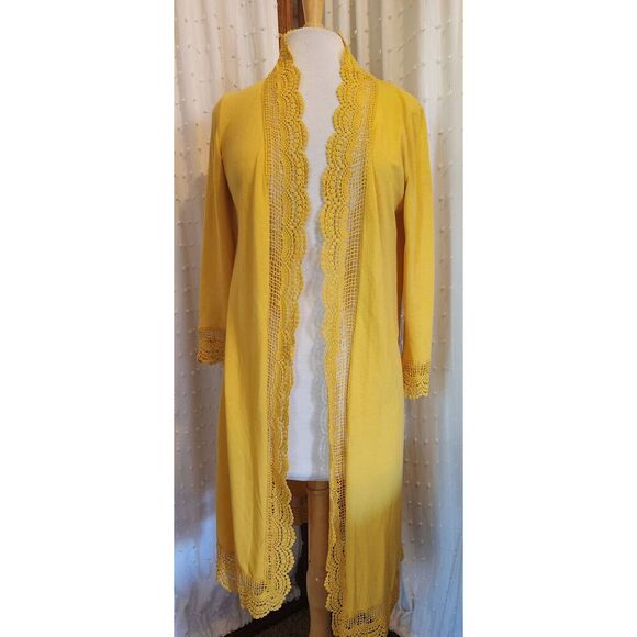 C36 Tickled Teal golden sunflower yellow long sweater cardigan with lacy trim - Picture 1 of 11
